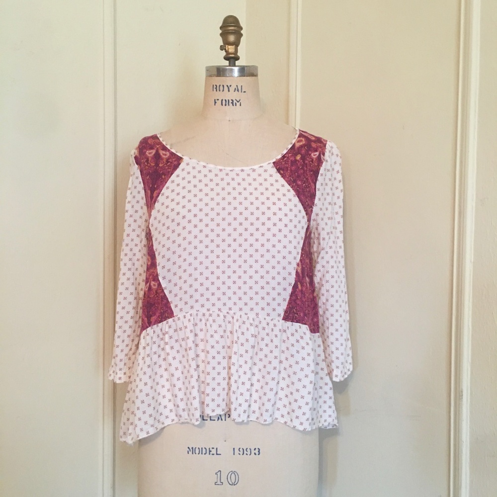 Free People Hi Low Paisley & Dandelion Ruffle Blouse, 3/4 sleeves - MEDIUM